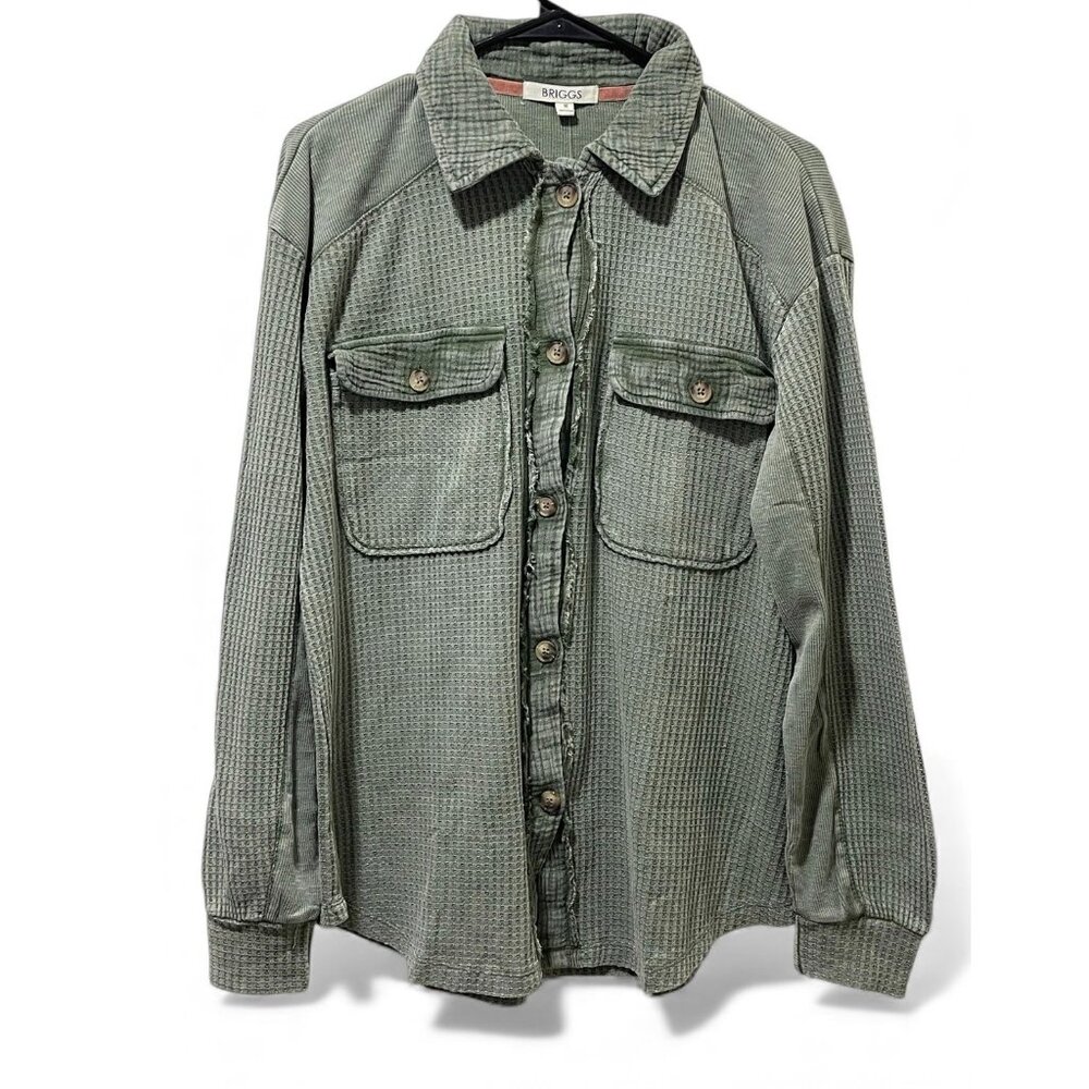 NWT Briggs Women's Relaxed Fit Button Long Sleeve Waffle Shirt Green - Picture 4 of 13